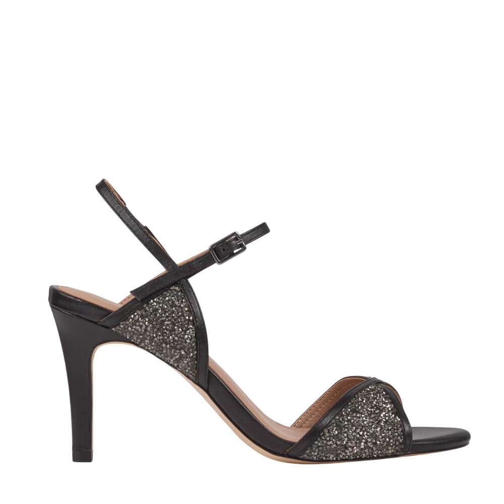 Estelle Black Leather Crystal Detail Heel Sandals
